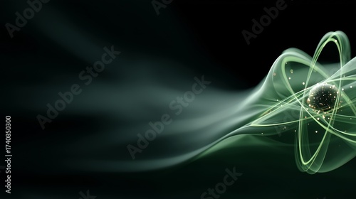 Glowing Green Atomic Nucleus with Orbiting Electron Paths against Dark Space Expressing Science, Energy and Structure, Conceptual Visualization of Atomic Theory, Subatomic Motion and Quantum Mechanics