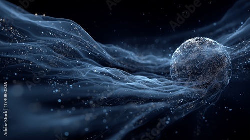 Particle Sphere with Flowing Luminous Wave Structures against Dark Background Expressing Energy, Motion and Complexity, Conceptual Visualization of Quantum Fields, Cosmic Phenomena and Digital Network