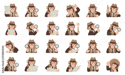 Monkey Detective Character Set: Cartoon Animal Investigator in Various Poses