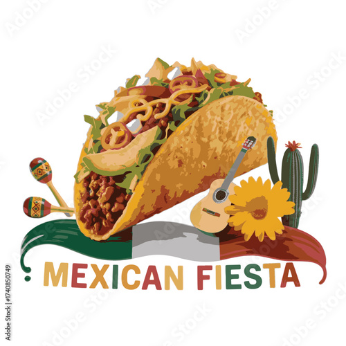 A vibrant taco overflowing with ingredients sits beside a guitar and cactus mexican food