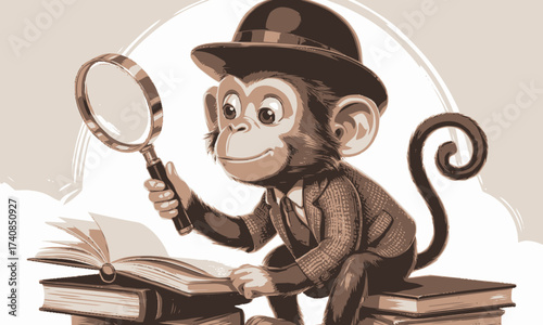 Monkey Detective: Illustration of an Animal Investigator with Magnifying Glass