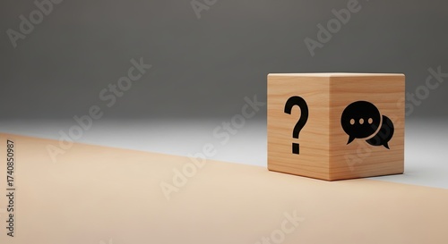 Wooden Cube Showing Question Mark And Speech Bubble Icons, 3D Rendering Concept