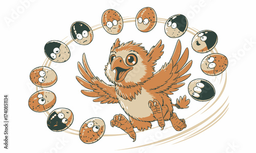 Cartoon Griffon with Egg Faces - Whimsical Fantasy Illustration