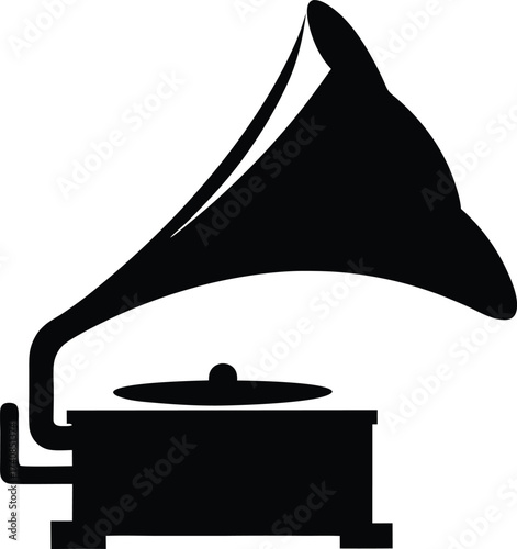 A vintage gramophone with a horn is ready to play music silhouette vector, gramophone silhouette vector illustration