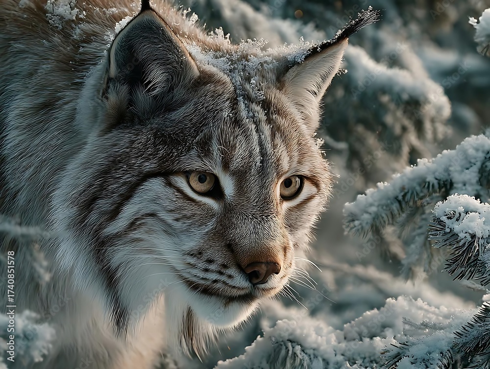 Fototapeta premium A close up shot of a lynx with snow on its fur standing near a snow covered pine tree branch outside
