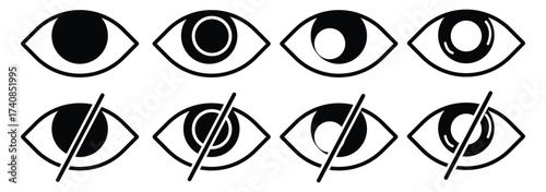 eye icon set. vision icon, see view icons - eyesight symbol - invisible eye hide icon, incognito icon no eye view hidden icon set. vision icon, unsee icons
