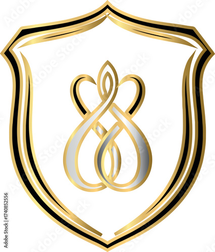 Elegant Gold and White Shield with Intertwined Knot Design.