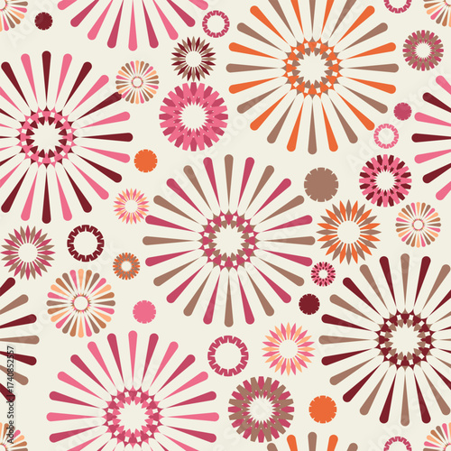 Pastel Sunburst Flower Geometric Seamless Pattern. Excellent for baby shower designs, children's products, light branding, and cheerful visual content.