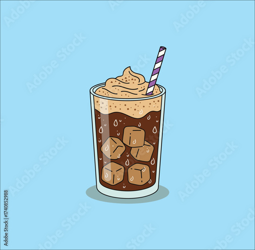 Art & Illustration
Glass of chilled coffee topped with cream, ice cubes, and a striped straw on blue background.