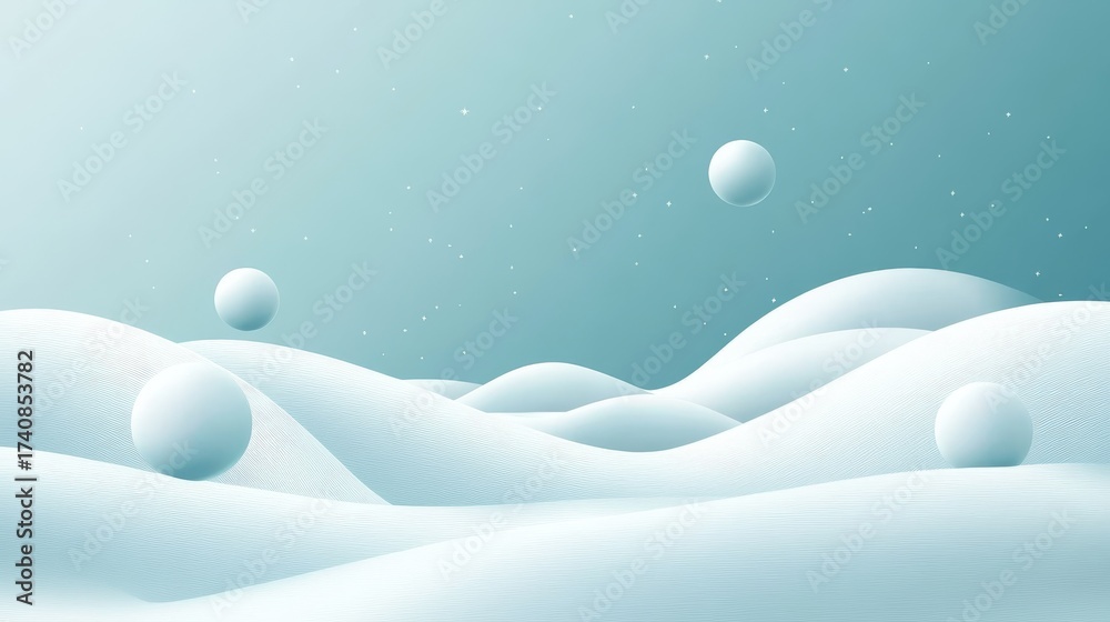 Fototapeta premium Monochromatic cyan landscape with undulating vector snowbanks, dozen stylized snowballs hovering mid-air, faint sparkle accents, clean space for holiday greeting
