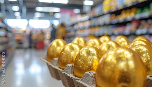 Golden Easter Eggs in a Supermarket Showcase Ready for Easter Festivities
