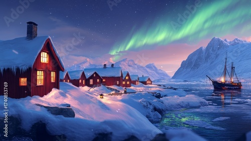 Nordic fishing village greeting card concept: red wooden cottages with grass roofs buried under snowdrifts, aurora borealis shimmering above fjord where ice-bound ships display lantern chains.