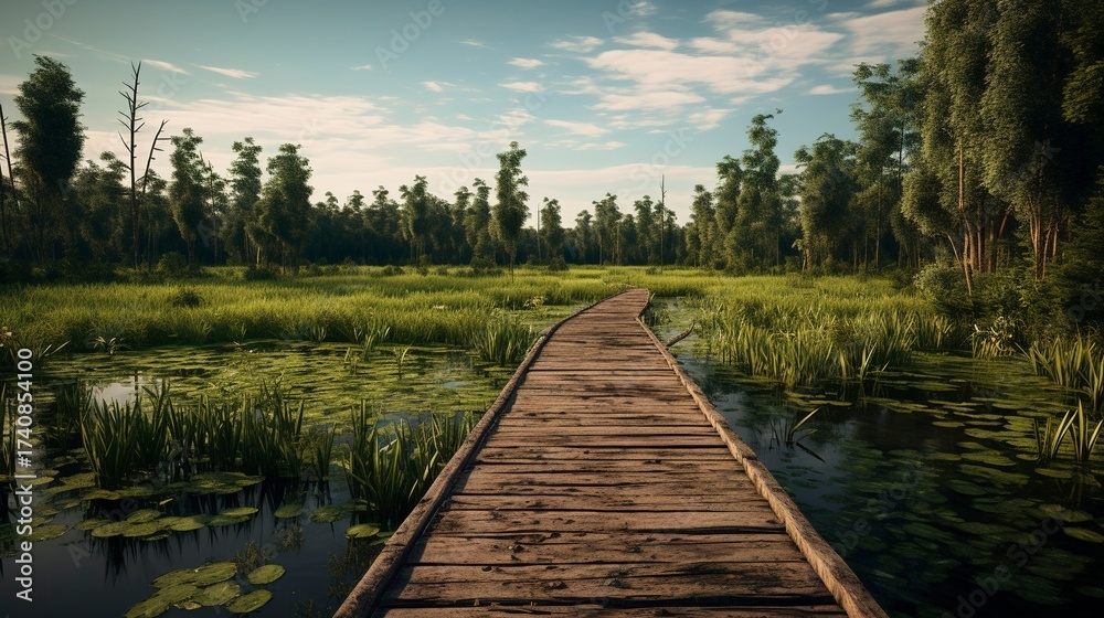 Obraz premium A photo of a wooden boardwalk through a marshy forest