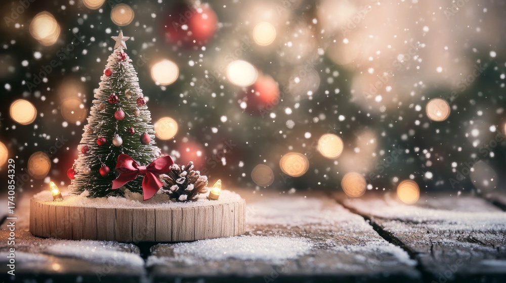 Obraz premium Rustic wooden pedestal painted white, flanked by miniature decorated Christmas tree, background of blurred twinkling lights and faint snowflakes, wide clear center