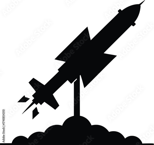 Missile icon silhouette, simple graphic symbols. missile launching into sky with smoke vector silhouette illustration