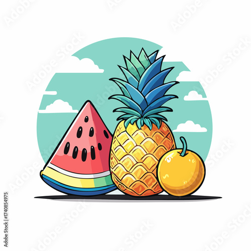 Pineapple watermelon orange fruit still life with transparent background