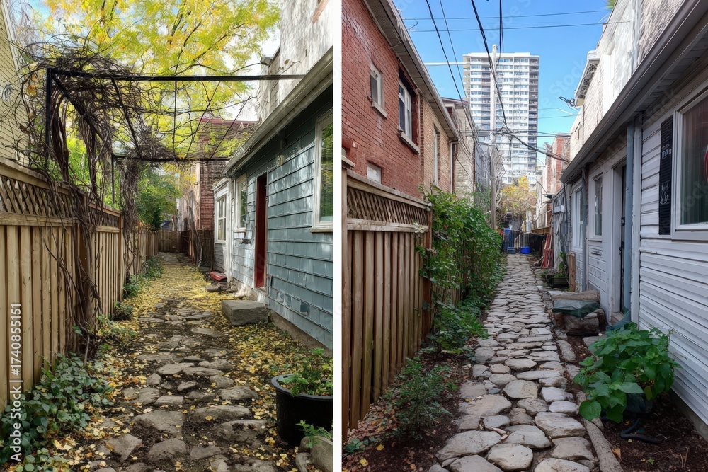 Fototapeta premium Before and after view of a restored garden path in an urban setting Generative AI