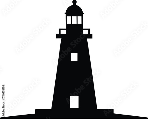Lighthouse Black Silhouette Vector Icon, Lighthouse Black Silhouette Vector, Coastline and Safety Beacon


