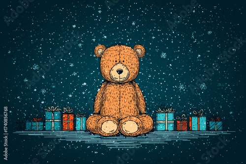 Surrounded by the trappings of Christmas, including ornaments, gifts, and pine, a happy teddy bear wearing a red Santa hat and scarf sits in the snow with a smile