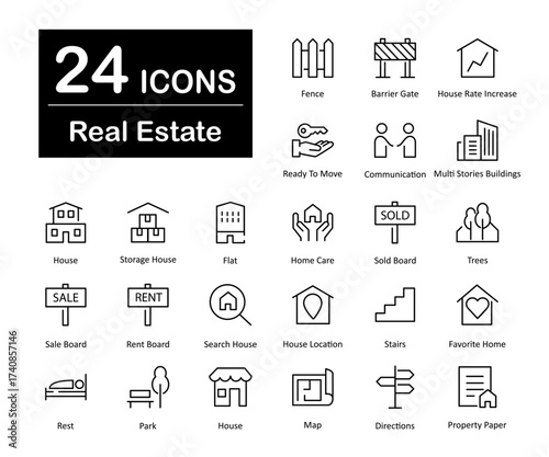 These are 24 beautiful small, pixel perfect real estate interface vector icons.