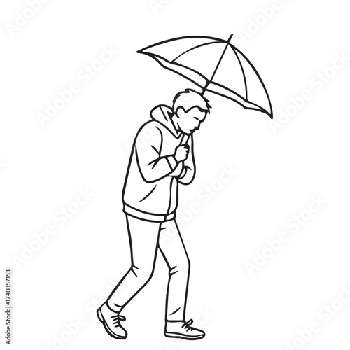 Vector illustration showing a man using an umbrella under pouring rain, black and white tones with strong black outlines emphasizing rainy mood.