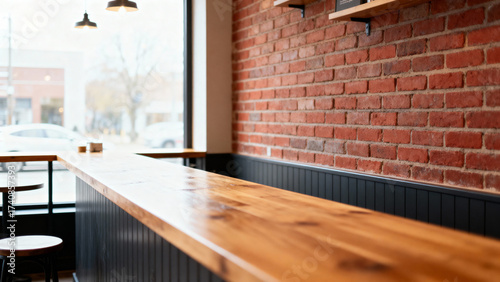 Cafe interior with wooden counter and brick wall