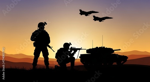Silhouetted Soldiers on the Battlefield with Tank and Jets under a Golden Sky at Sunset