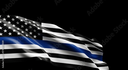 Thin blue line American flag waving proudly on black background to honor police officers