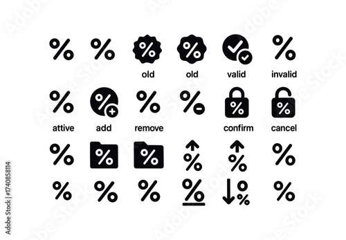 vector solid black filled icons Interest Rate (Basic) interest, icon, new, old, valid, invalid, active, inactive, add, remove.