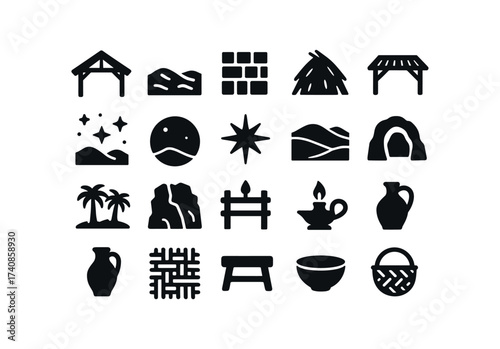 vector solid black filled icons Nativity Scene (Settings) stable, hut, desert, sand, stone, floor, straw, pile, wooden, roof, star, sky, night, glowing, hill, view, cave, entrance, palm, grove, rocky.