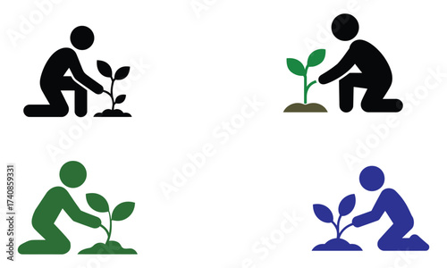 Colorful plant growing icons showing people planting seedlings
