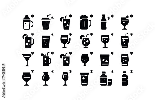 vector solid black filled icons Christmas Drinks (Cold) milk, tea, juice, punch, soda, lemonade, water, beer, wine, champagne, cider
