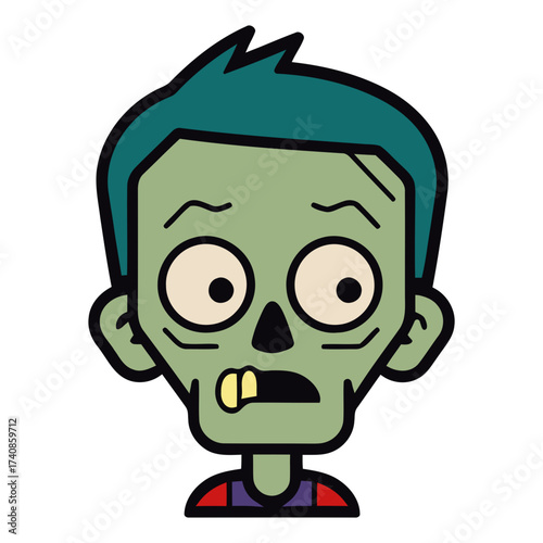Illustration of a cartoon zombie with green skin and blue hair looking scared and slightly decayed