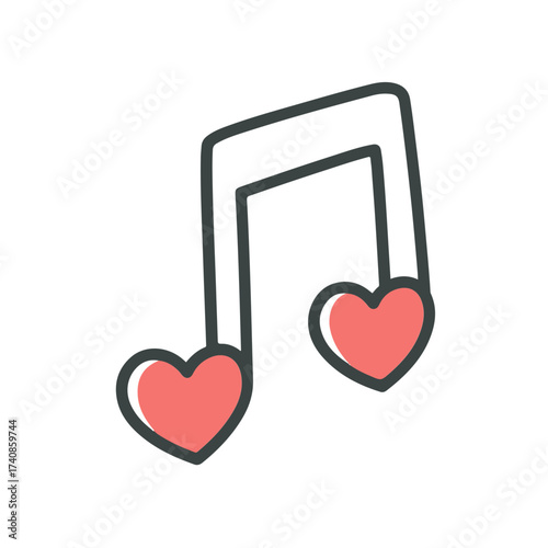 Illustration of a music note with heart shaped ends in red and black outline on a white background