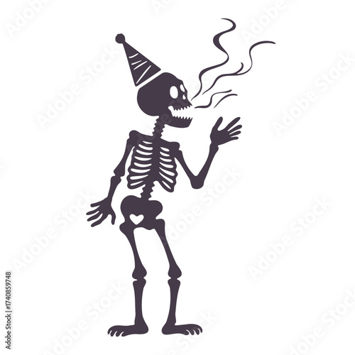 Silhouette of a skeleton wearing a party hat and exhaling smoke or vapor from its mouth standing up