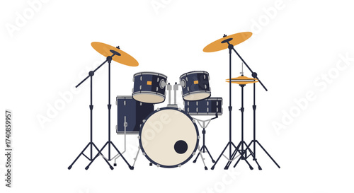 Complete Drum Set with Cymbals and Dark Blue Drums.