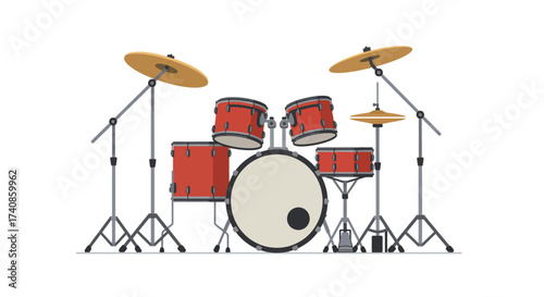 Red Drum Set with Cymbals and Stands Illustration.