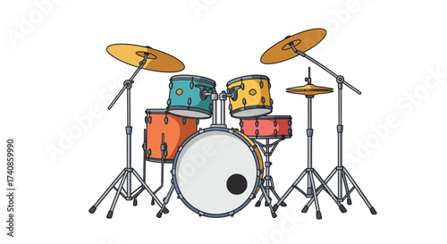 Colorful Cartoon Drum Set with Cymbals and Stands Illustration.