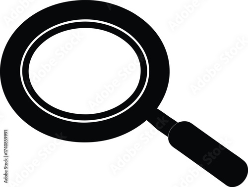 Magnifying Glass Vector Black Silhouette Icon Design, Magnifying Glass Silhouette Icon: Search, Zoom, and Investigation Symbol.