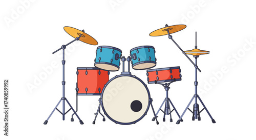 Colorful Cartoon Drum Set with Cymbals and Stands.