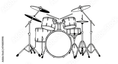 Drum Set Outline Illustration with Sticks and Cymbals.