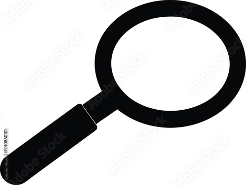 Magnifying Glass Vector Black Silhouette Icon Design, Magnifying Glass Silhouette Icon: Search, Zoom, and Investigation Symbol.
