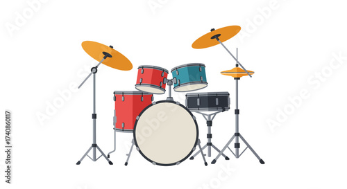 Colorful Drum Set with Cymbals and Stands Illustration.