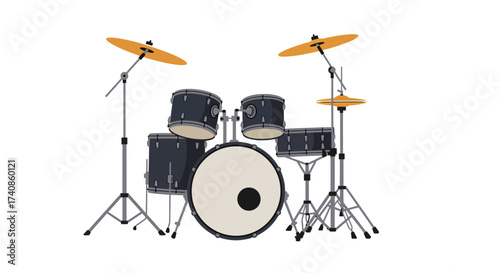 Complete Drum Set with Cymbals and Dark Blue Drums.