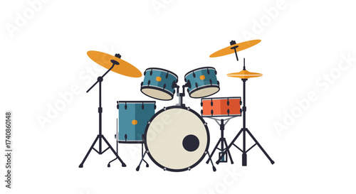 Colorful Drum Set with Cymbals and Stands Illustration.