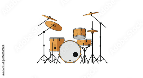 Complete Drum Set with Cymbals and Stands Illustration.