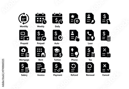 vector solid black filled icons Billing Cycle (Types) billingcycle, monthly, weekly, daily, annual, quarterly, halfyear.