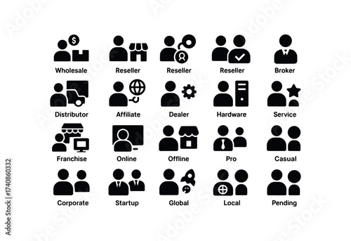 vector solid black filled icons Reseller Program (Types) reseller, wholesale, retail, partner, agent, distributor, affiliate, dealer, reseller.