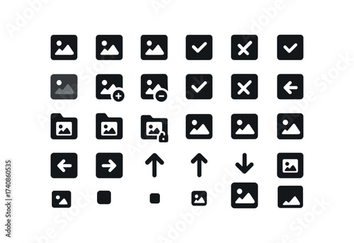 vector solid black filled icons Media Library (Basic) medialibrary, icon, new, old, valid, invalid, active, inactive.