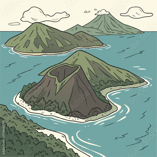 Cartoon illustration of a volcanic island landscape with lush green mountains and turquoise ocean water